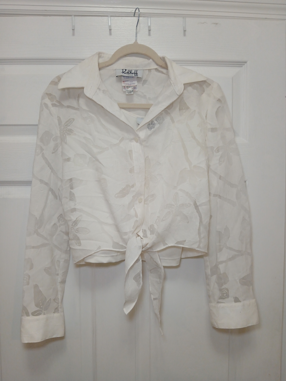 Joseph Ribkoff White Floral Jacquard Tie-Front Button-Down Shirt